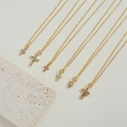 Copper 14K Gold Plated Vintage Style Minimalist Commute Inlay Cross Palm Zircon Pendant Necklace