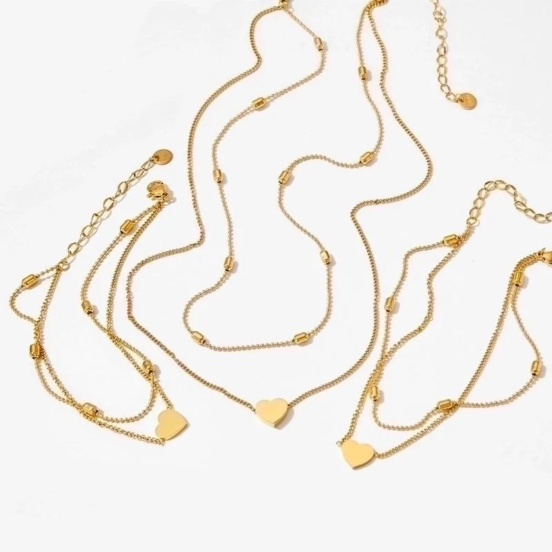 3 Pieces 304 Stainless Steel Titanium Steel 16K Gold Plated White Gold Plated Gold Plated Beach Plating Heart Shape Bracelets Anklet Necklace