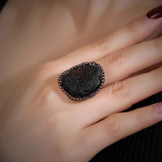 Vintage Style Baroque Style Asymmetrical Irregular Turquoise Black Meteorite Asymmetrical Irregular Handmade Turquoise Black Meteorite Women's Open Rings
