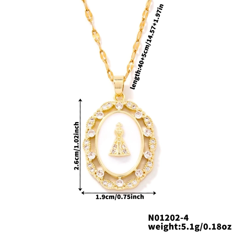 Vintage Style Religion Artistic Round Virgin Mary 304 Stainless Steel Copper Zircon K Gold Plated Inlay Pendant Necklace