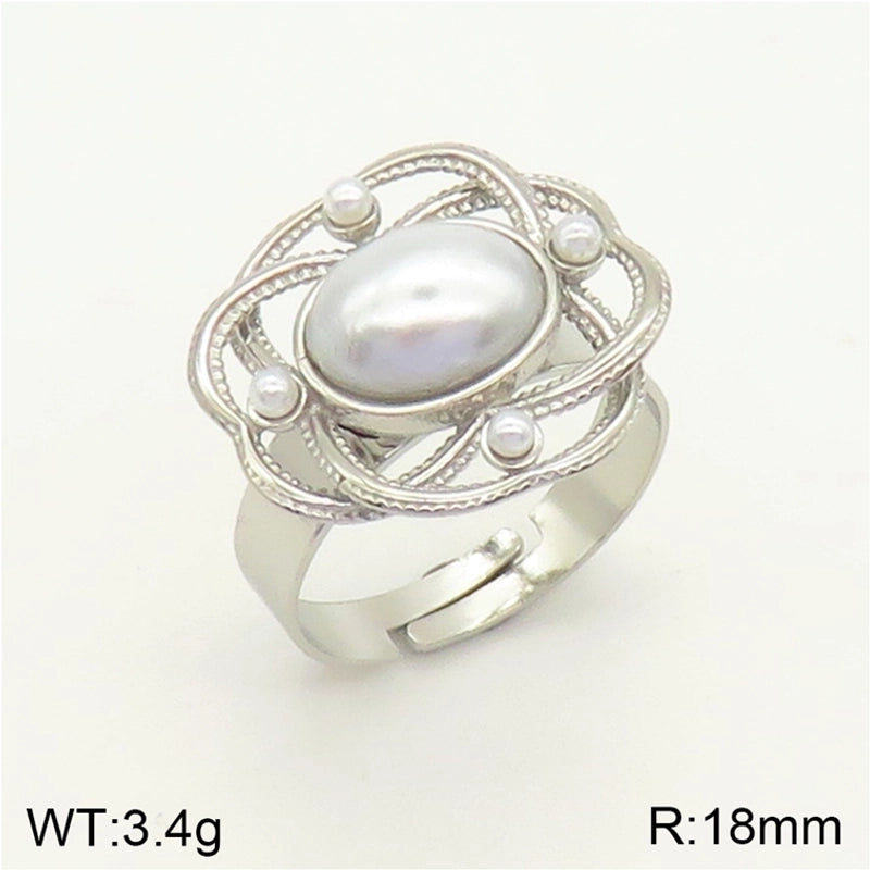 Elegant Geometric 304 Stainless Steel Artificial Pearls 18K Gold Plated Adjustable Ring