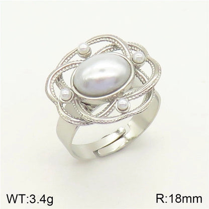 Elegant Geometric 304 Stainless Steel Artificial Pearls 18K Gold Plated Adjustable Ring