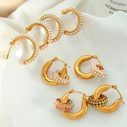 1 Pair Vintage Style C Shape Circle Inlay 304 Stainless Steel Titanium Steel Zircon 18K Gold Plated Earrings Ear Studs
