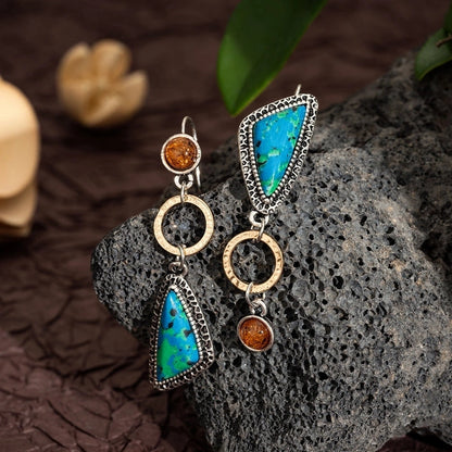 Hot Artistic Retro Geometric Lapis Lazor Ear Drop Bohemian Natural Stone Antique Women\'s Earrings