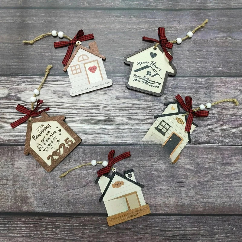 Christmas Cute Letter House Bow Knot Wood Indoor Party Decorations Hanging Ornaments