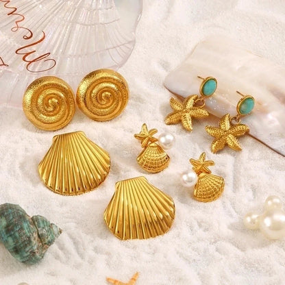Beach Starfish Shell 304 Stainless Steel Artificial Pearls Amazonite 18K Gold Plated Inlay Rings Earrings
