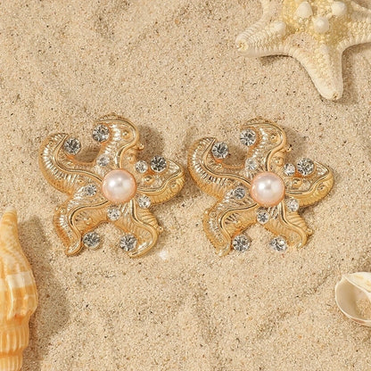 1 Pair Retro Beach Minimalist Starfish Shell Inlay Alloy Rhinestones Pearl Gold Plated Ear Studs