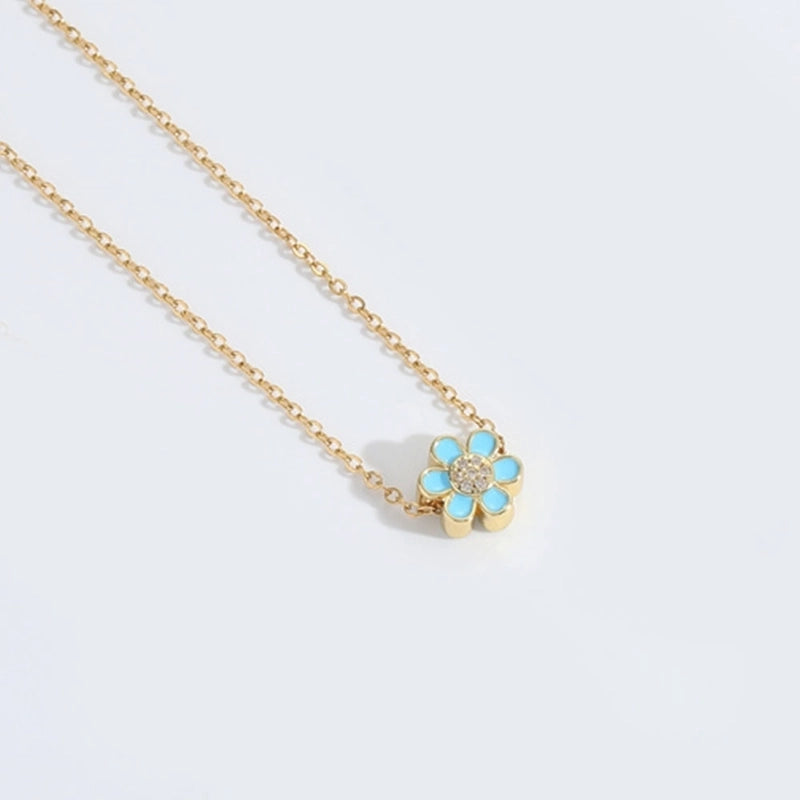 Copper 14K Gold Plated Enamel Flower Zircon Pendant Necklace