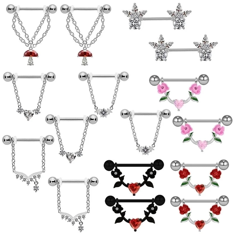 1 Piece Nipple Rings & Studs IG Style Shiny Heart Shape Flower 316L Stainless Steel Alloy Titanium Steel Epoxy Chain Inlay Resin Rhinestones Glass White Gold Plated Gold Plated