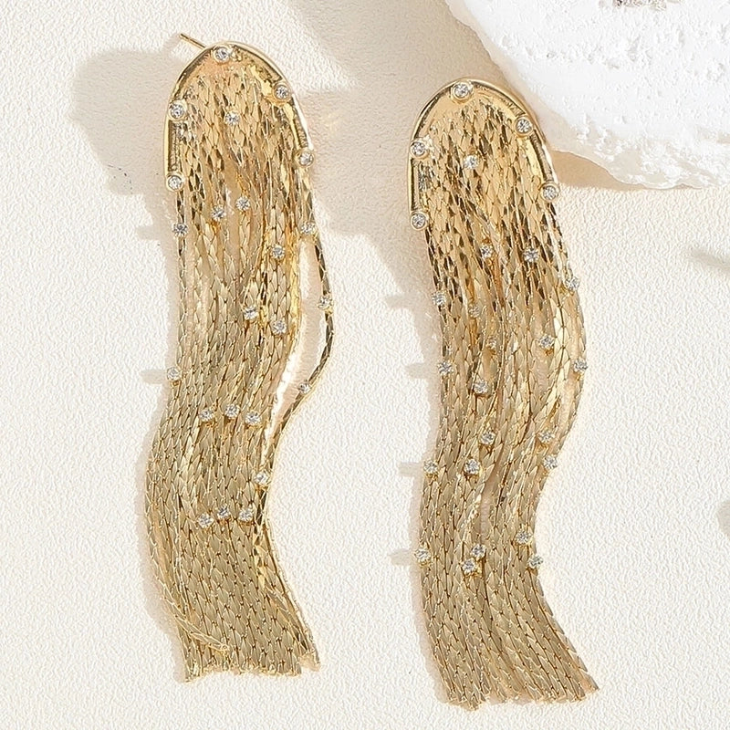 1 Pair Elegant Tassel Sequins Plating Inlay Brass Zircon 14k Gold Plated White Gold Plated Drop Earrings