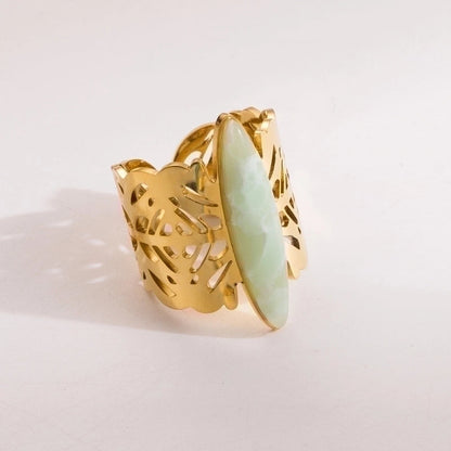 2 Pieces Vintage Style Minimalist Oval 304 Stainless Steel Natural Stone 14K Gold Plated Inlay Open Rings