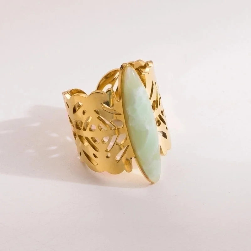 2 Pieces Vintage Style Minimalist Oval 304 Stainless Steel Natural Stone 14K Gold Plated Inlay Open Rings