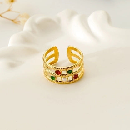 Minimalist Love Heart Shape Eye 304 Stainless Steel Rhinestones 18K Gold Plated Enamel Plating Inlay Open Rings