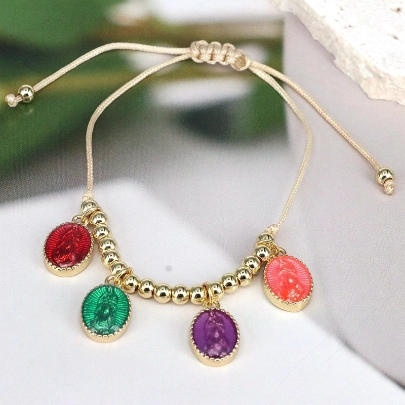 Copper Beaded Enamel Human Virgin Mary Oval Bracelets