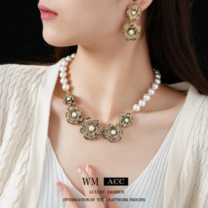 Women Luxurious Flower Plant Artificial Pearl Electroplating Jewelry Sets