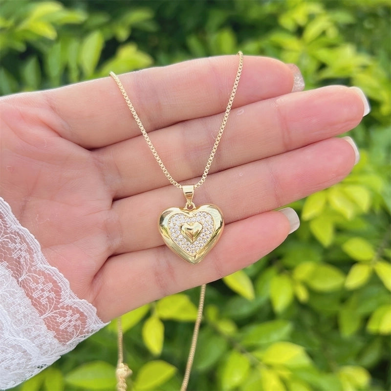 2 Pieces Elegant Heart Shape Bow Knot Copper Zircon Pendant Necklace