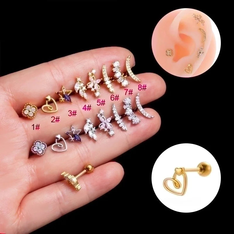 1 Piece Ear Cartilage Rings & Studs Minimalist Classic Style Pentagram Heart Shape Flower 316L Stainless Steel Copper Plating Inlay Zircon