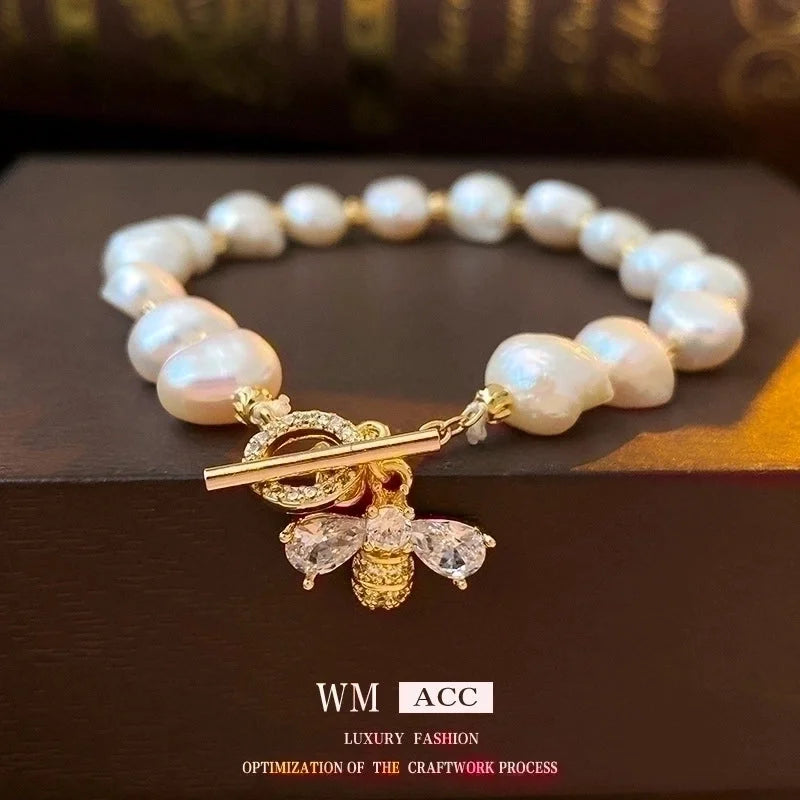 Retro Heart Shape Bee Freshwater Pearl Copper Bracelets