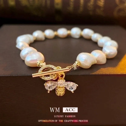 Retro Heart Shape Bee Freshwater Pearl Copper Bracelets