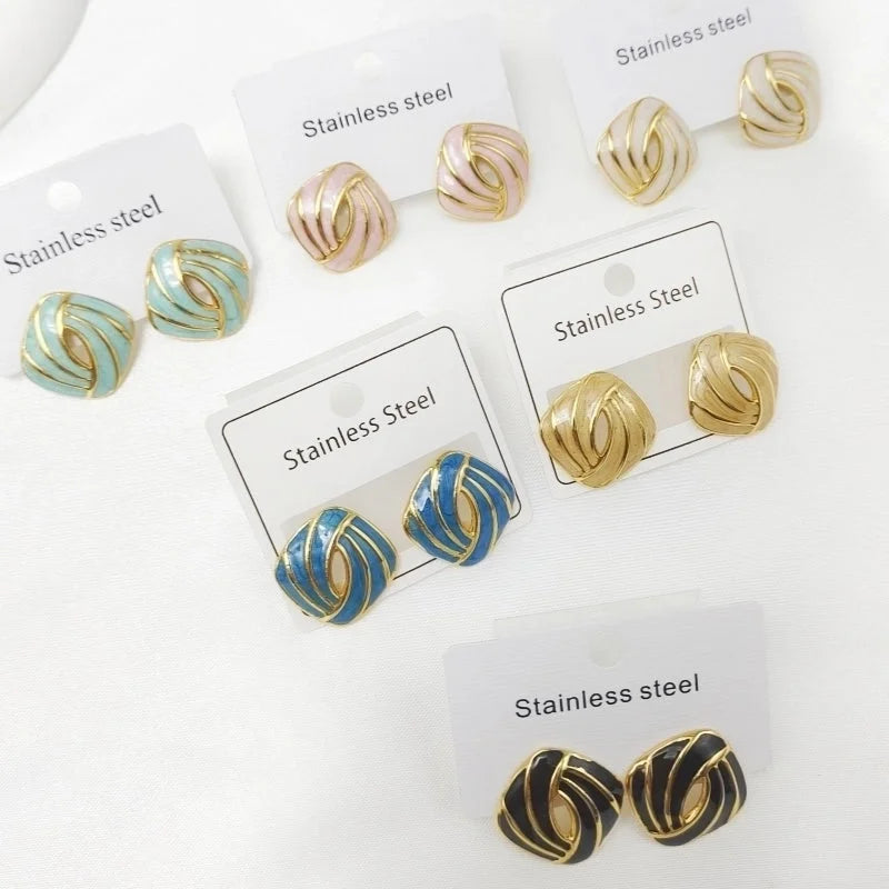 1 Pair Classical Vintage Style Square Enamel Plating 304 Stainless Steel 18K Gold Plated Ear Studs