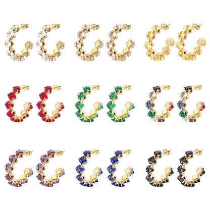 1 Pair IG Style Baroque Style Shiny C Shape Rhombus Inlay 316 Stainless Steel Zircon 18K Gold Plated Ear Studs