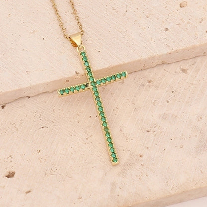Stainless Steel Copper 18K Gold Plated Fashion Inlay Cross Zircon Pendant Necklace
