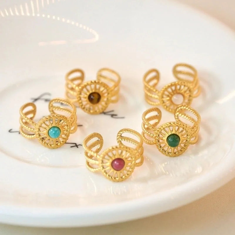 Retro Geometric Titanium Steel Natural Stone Open Rings In Bulk