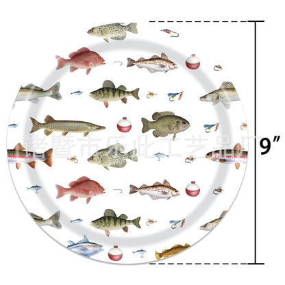 3 Pieces Fishing Theme Party Tableware Outdoor Fishing Bait Fishing Tablecloth Paper Plates Paper Towels Paper Cups Celebration