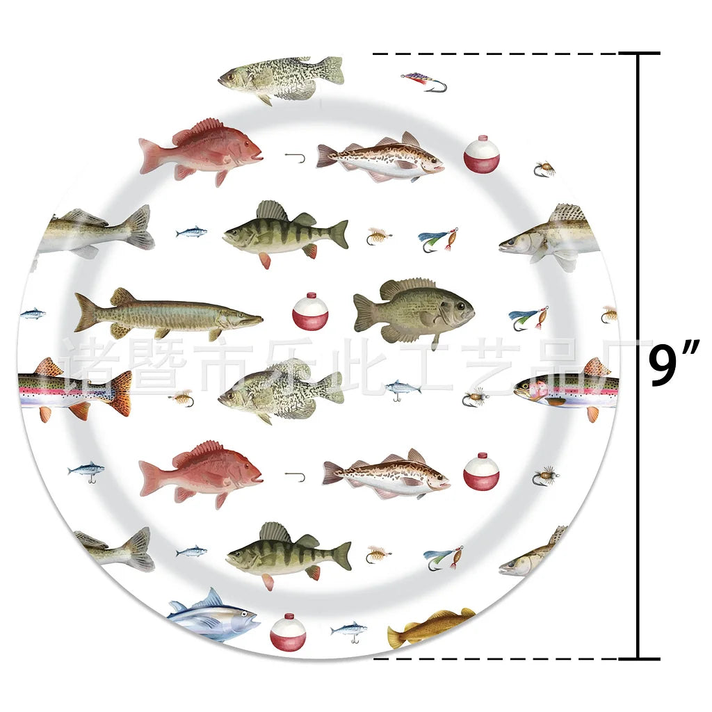 3 Pieces Fishing Theme Party Tableware Outdoor Fishing Bait Fishing Tablecloth Paper Plates Paper Towels Paper Cups Celebration
