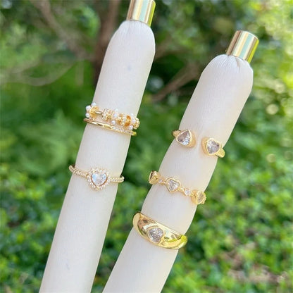 Copper 18K Gold Plated Inlay Heart Shape Zircon Open Rings
