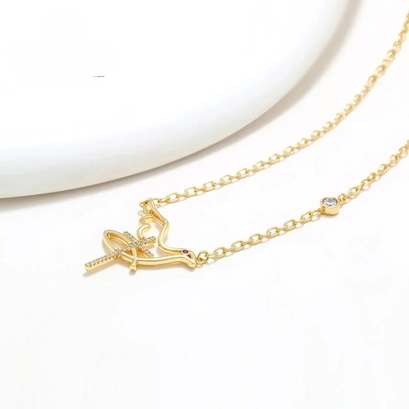Copper 14K Gold Plated Basic XUPING Modern Style Inlay Cross Bird Artificial Gemstones Pendant Necklace