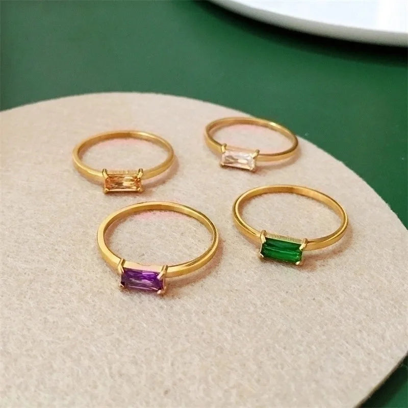 IG Style Minimalist Square Titanium Steel Zircon 18K Gold Plated Plating Inlay Rings