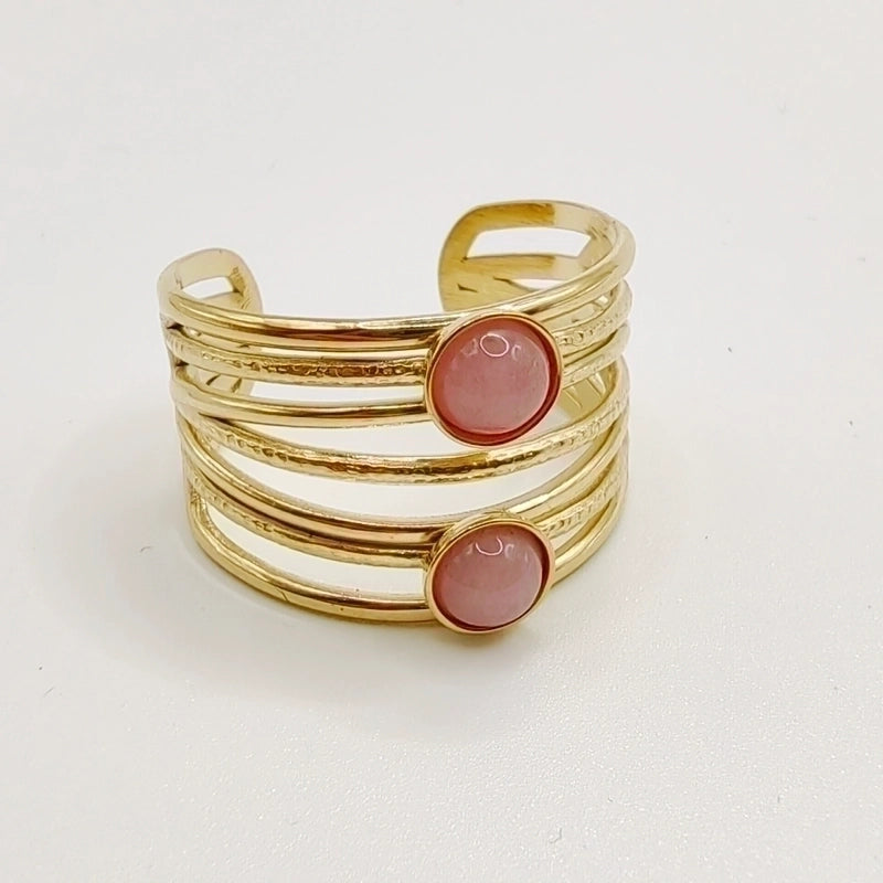 Minimalist Round 304 Stainless Steel Natural Stone 14K Gold Plated Plating Inlay Open Rings