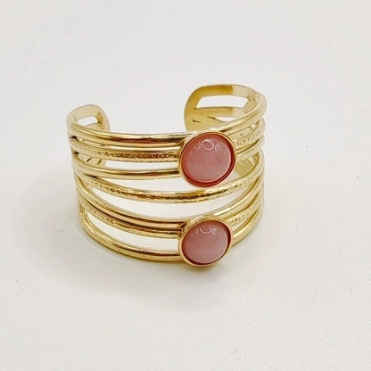 Minimalist Round 304 Stainless Steel Natural Stone 14K Gold Plated Plating Inlay Open Rings