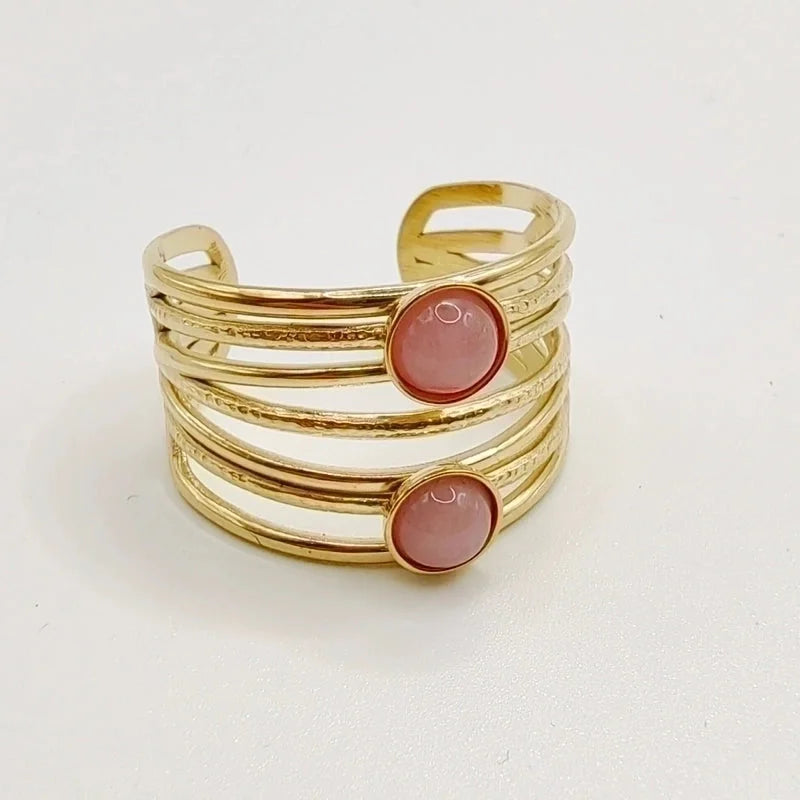Minimalist Round 304 Stainless Steel Natural Stone 14K Gold Plated Plating Inlay Open Rings