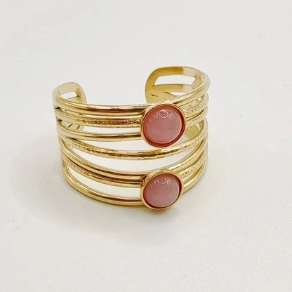Minimalist Round 304 Stainless Steel Natural Stone 14K Gold Plated Plating Inlay Open Rings