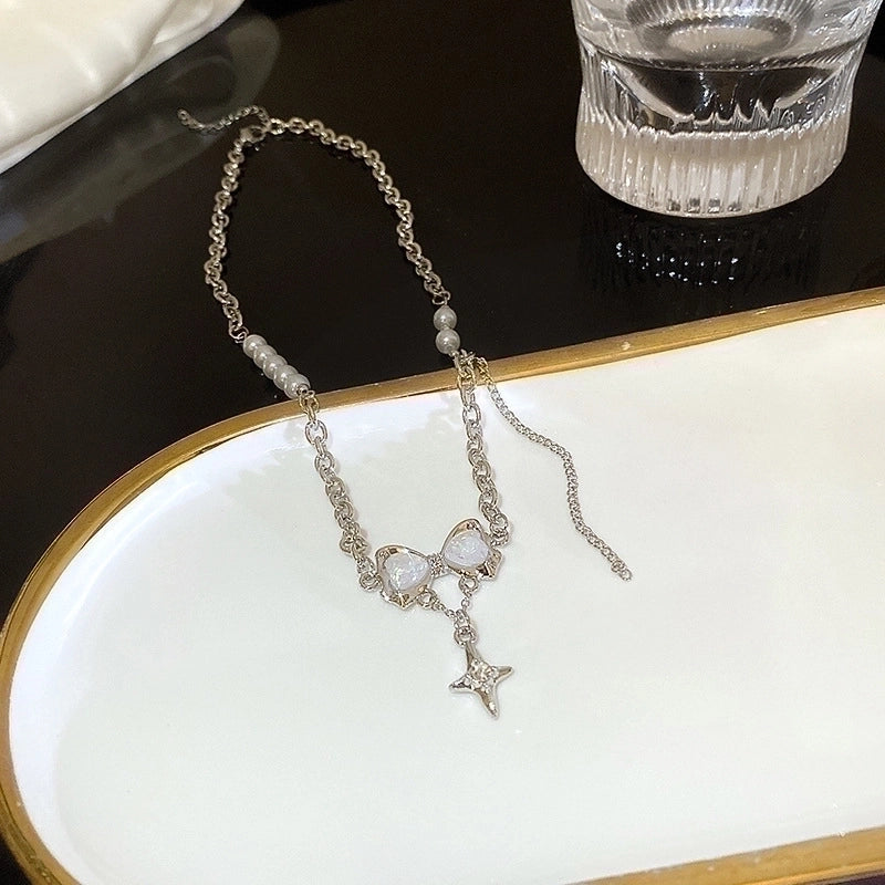 Minimalist Heart Shape Flower Bow Knot Titanium Steel Copper Plating Inlay Artificial Gemstones Pendant Necklace