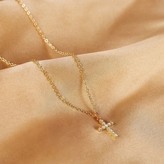 Elegant Streetwear Cross Titanium Steel Zircon 18K Gold Plated Plating Inlay Pendant Necklace