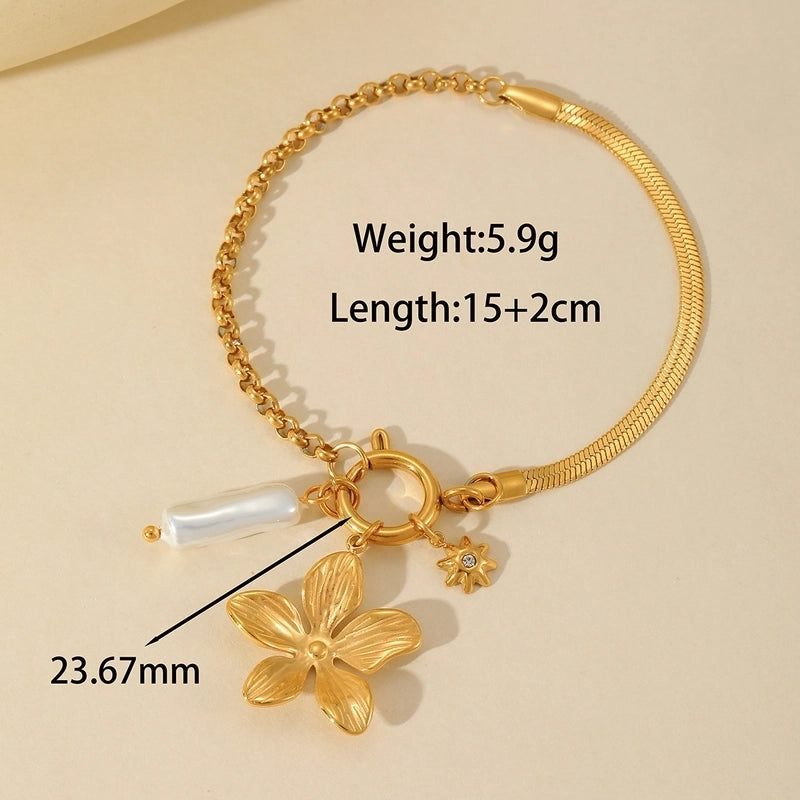 Casual Elegant Cute Cross Heart Shape Flower 304 Stainless Steel 18K Gold Plated Imitation Pearl Zircon Cable Chain Snake Chain Bracelets In Bulk
