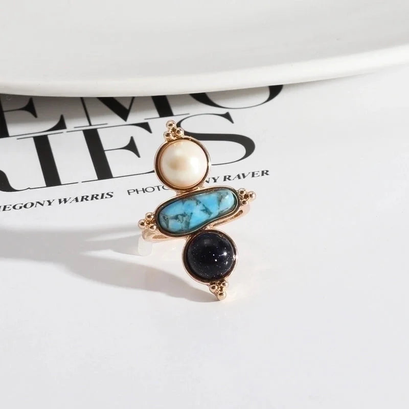 Vintage Style Geometric Alloy Inlay Natural Stone Rings