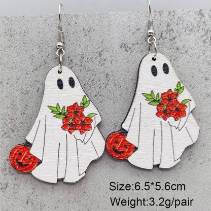 Funny Streetwear Halloween Pattern Spider Wood Drop Earrings
