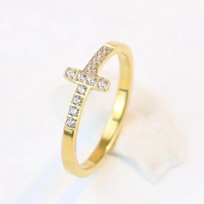 Minimalist Cross Titanium Steel Inlay Rhinestones Rings 1 Piece