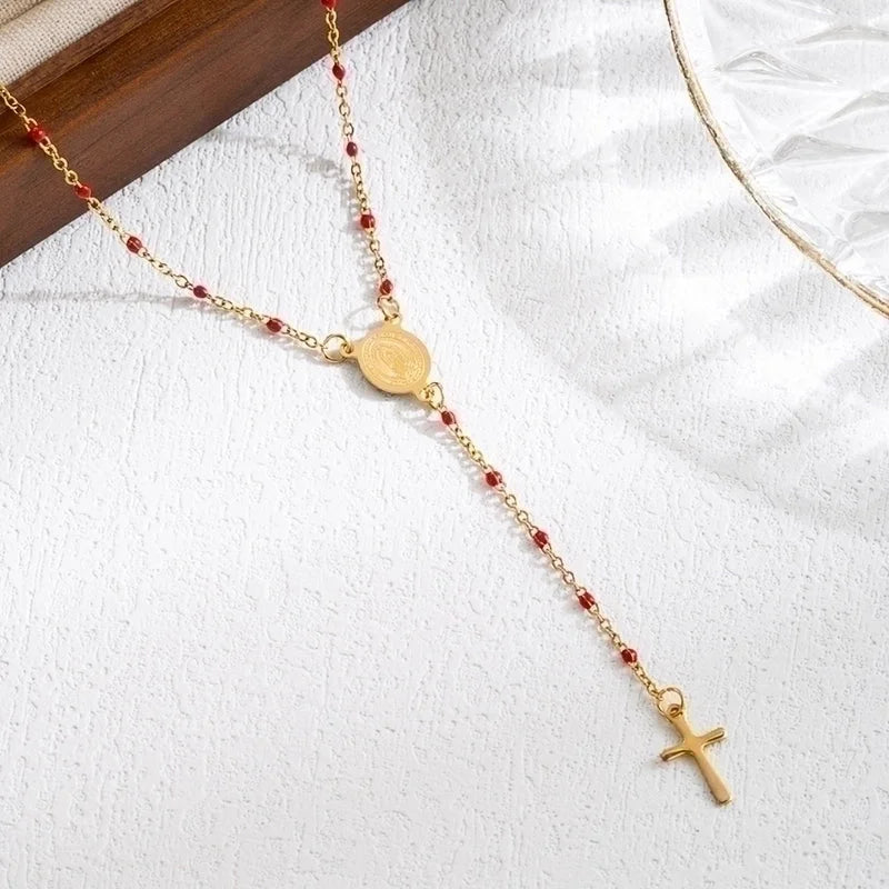 3 Pieces Elegant Classical Cross Virgin Mary Priest Stainless Steel Beaded Plating 18k Gold Plated Necklace