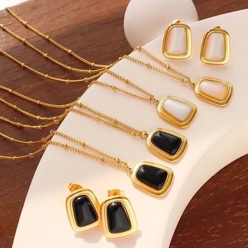 French Style Geometric 304 Stainless Steel Opal 18K Gold Plated Earrings Necklace