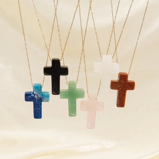 3 Pieces Basic Cross Natural Stone 14K Gold Plated Pendant Necklace In Bulk