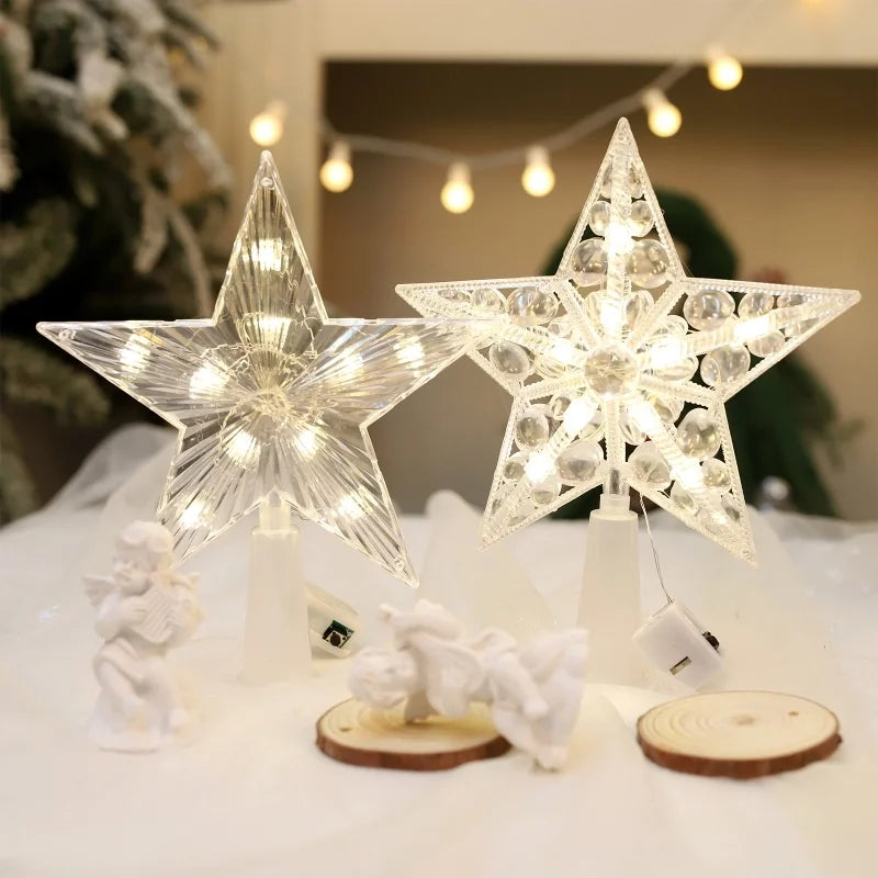 Christmas New Luminous Tree Top Star Christmas Tree Decoration Supplies Cross-border For Christmas Transparent Five-pointed Star With Light