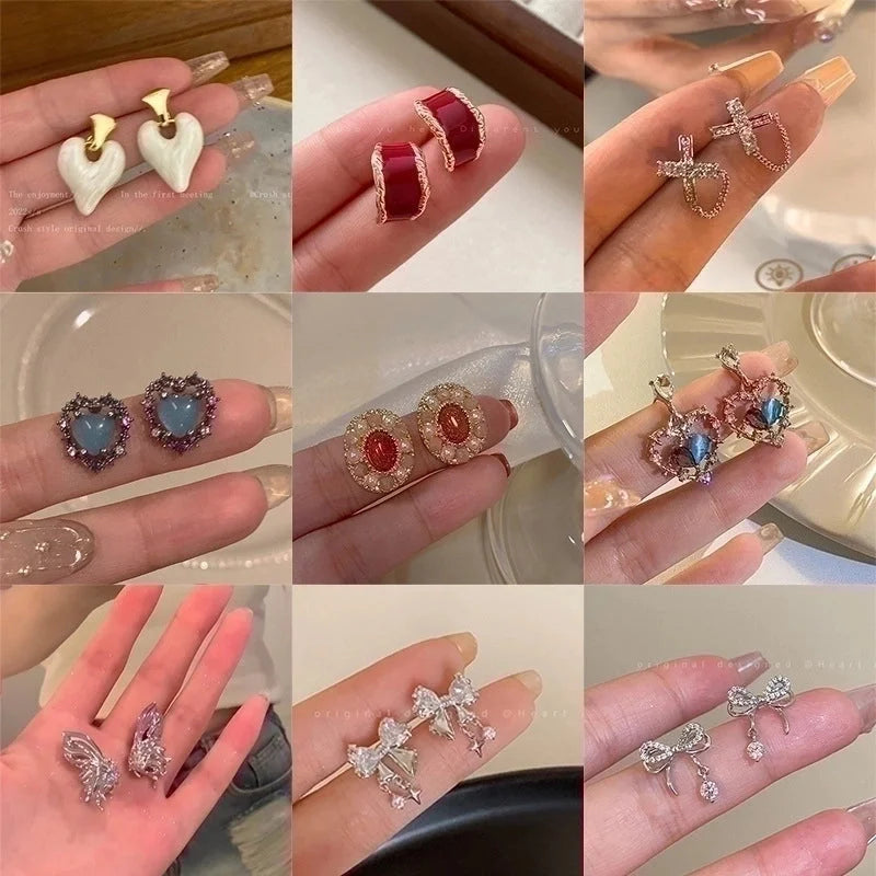 1 Pair Retro Heart Shape Bow Knot Inlay Silver Artificial Pearls Zircon Earrings