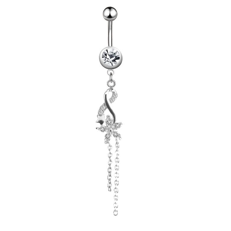 Minimalist Water Droplets Flower Butterfly Stainless Steel Inlay Zircon Women's Belly Ring