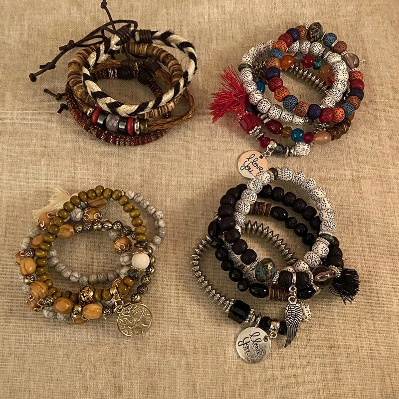 Casual Ethnic Style Round Tree Wings Pu Leather Wooden Beads Bodhi Beaded Braid Women's Bracelets