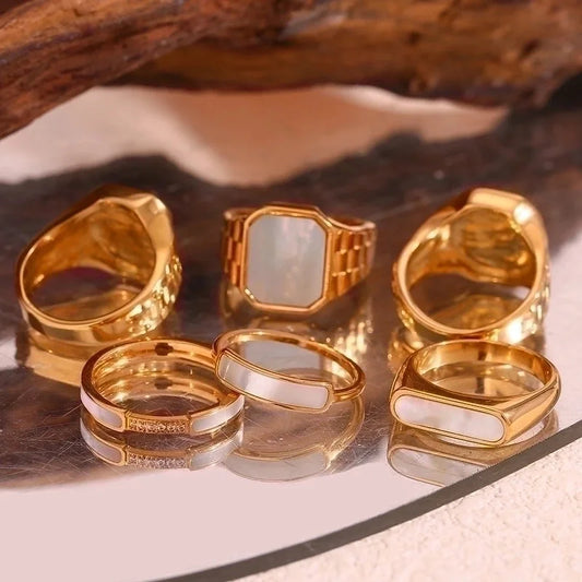 Vintage Style Geometric 304 Stainless Steel Rhinestones Shell 18K Gold Plated Plating Inlay Rings